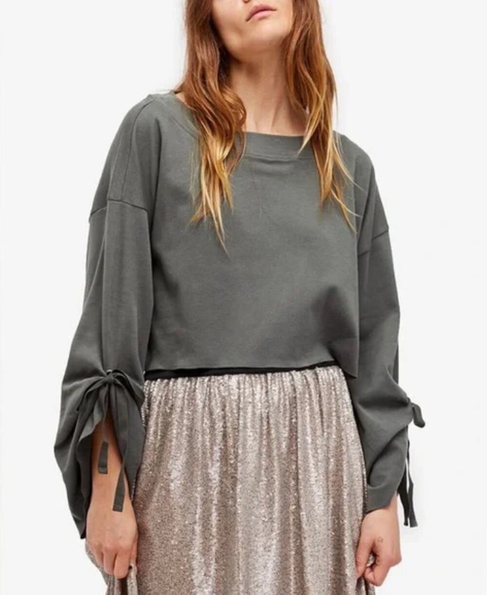 free people gray tie sleeve crop sweatshirt